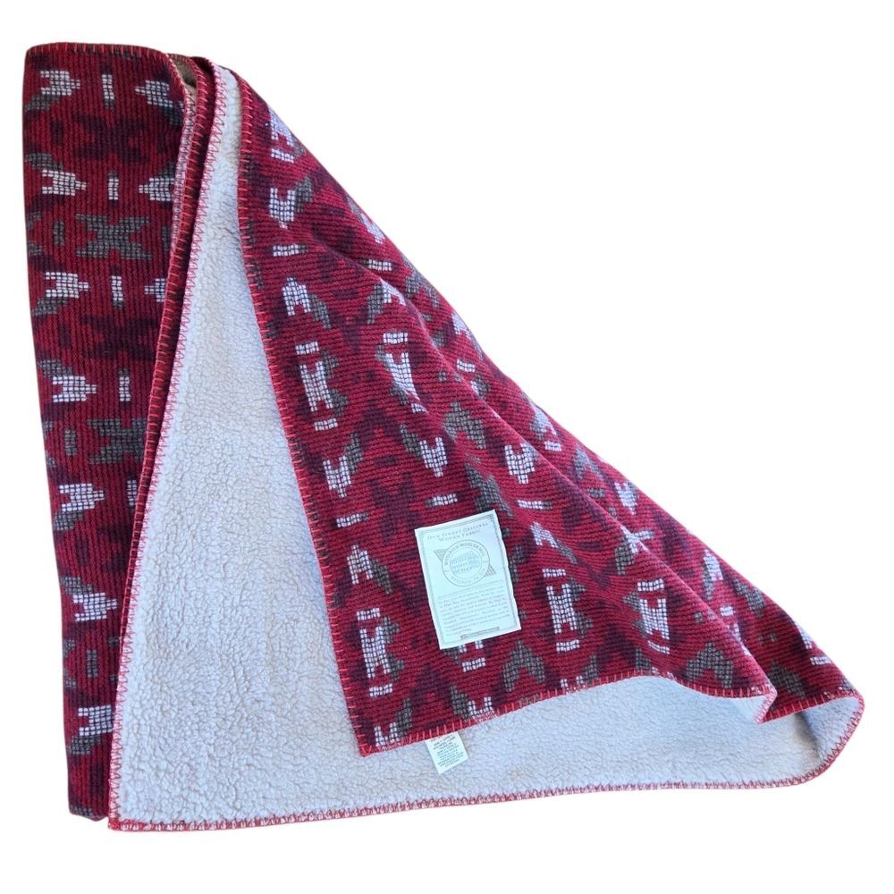 WOOLRICH Wool Throw Blanket USA Aztec Pattern Sherpa Back 56 x 68 Burgundy NWOT